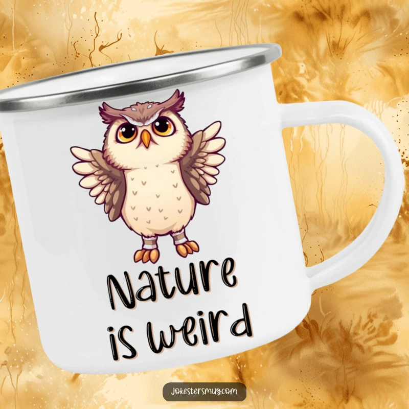 Funny owl struggling with socks on its wings, designed for a humorous and durable camping mug.