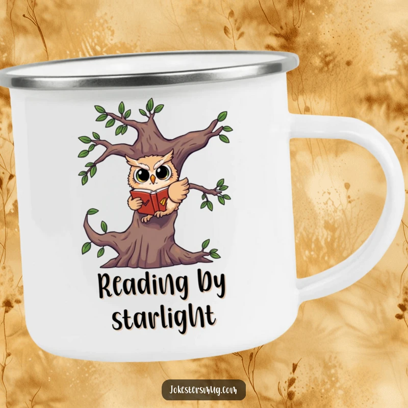 Funny enamel camping mug showing a startled owl falling from a tree, clutching a book.