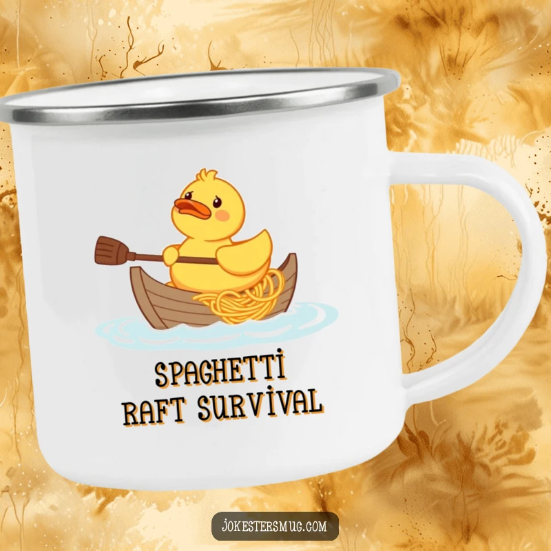 Funny confused rubber duck character trying to paddle a boat made of spaghetti, on a sturdy camping mug.