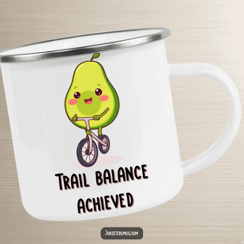 Funny camping mug showing a smiling avocado balancing on a tiny unicycle, perfect for outdoor enthusiasts.