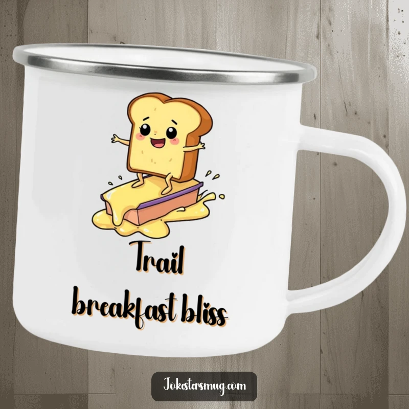 Funny toast surfing on butter camping mug, humorous breakfast character, durable outdoor gear, a top funny gift.