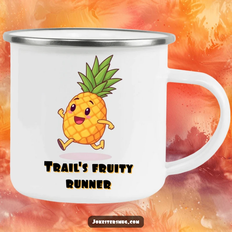 Funny camping mug with a pineapple with tiny legs humorously running a marathon, for outdoor endurance and spirited hydration.