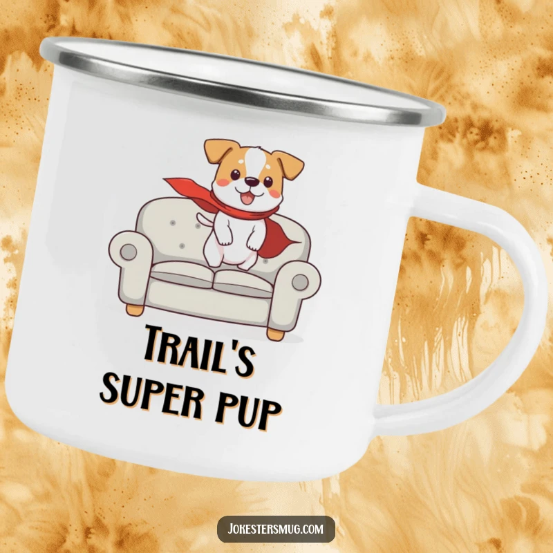 Funny camping mug with a dog wearing a cape, humorously attempting flight from a couch, for outdoor adventures and heroic moments.
