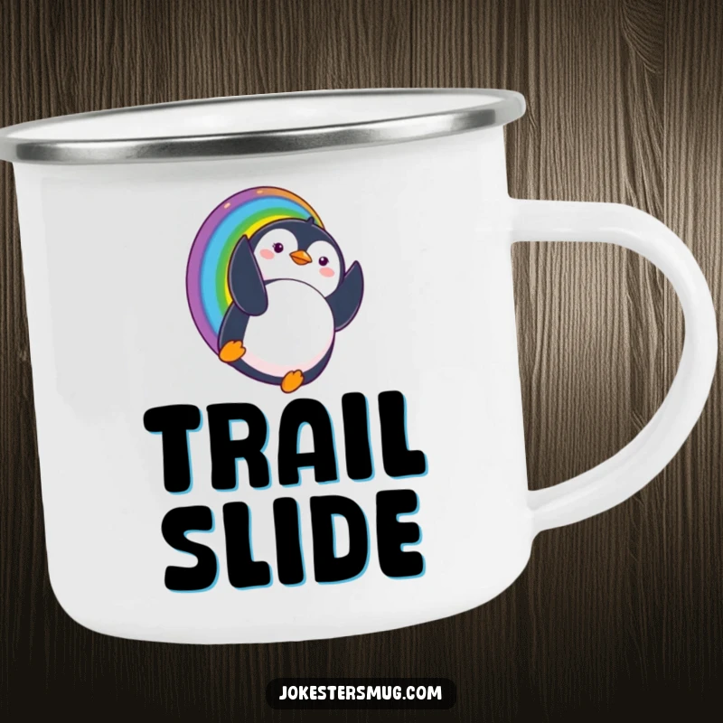 Funny camping mug showcasing a penguin sliding down a rainbow and comically landing upside down with a surprised expression, perfect for outdoor fun.