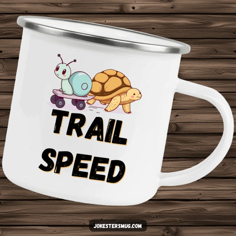 Funny camping mug showcasing a snail on roller skates speeding past a napping tortoise, perfect for outdoor adventures and humorous drinks.