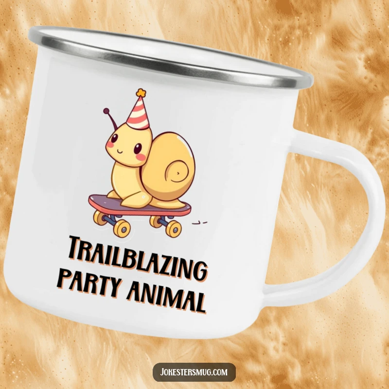 Funny enamel camping mug showing a snail with a party hat, humorously zooming on a skateboard in nature.