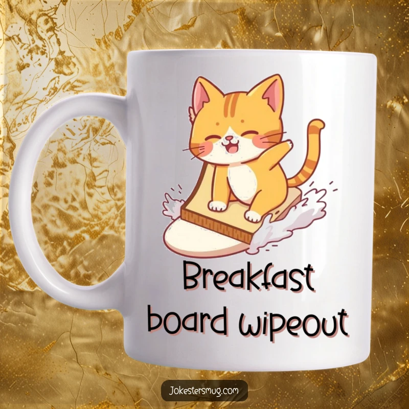 Funny cat wiping out while attempting to surf a giant slice of toast on a mug, depicting a comical water sports fail.