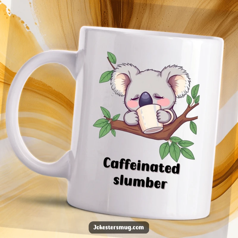 Funny Sleeping Koala Mug: A koala bear with a coffee mug on its nose sleeps in a branch, perfect for sleepy coffee lovers.