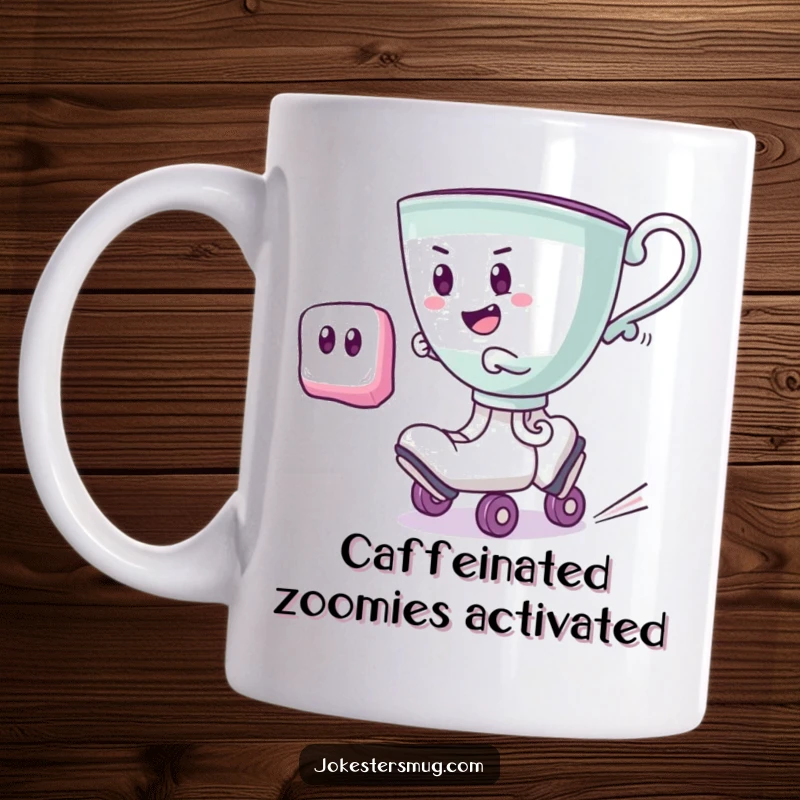 Funny cheerful teacup with roller skates speeding past a startled sugar cube, a humorous and energetic gift.