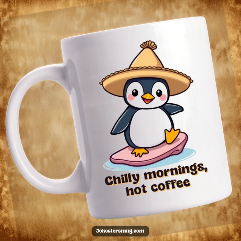 Funny mug of a penguin in a sombrero trying to surf on an ice floe, looking determined yet wobbly, a comical arctic scene.