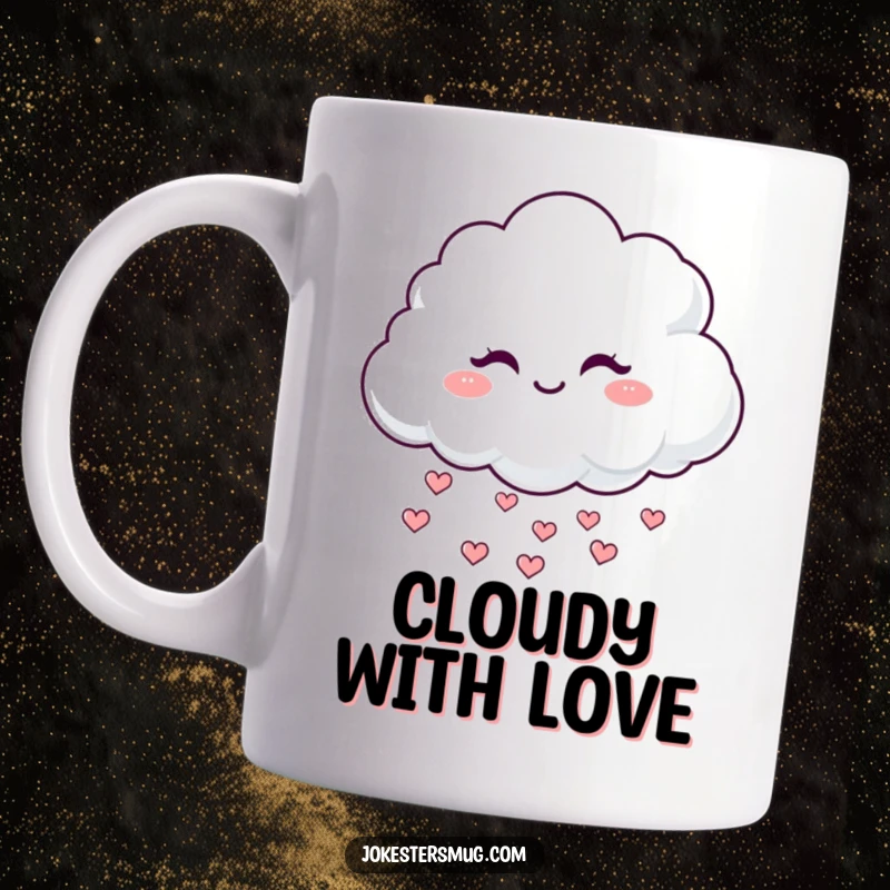 Funny Winking Cloud Mug: A cute, fluffy cloud winks mischievously as it rains tiny hearts, a delightful scene.