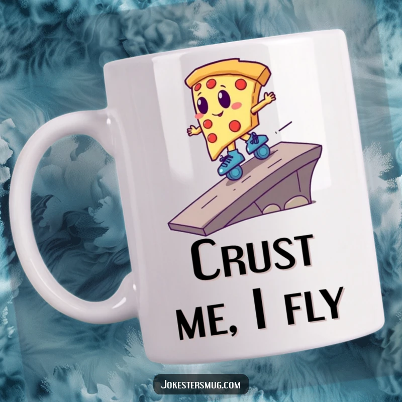 Funny pizza slice on roller skates launching off a ramp, capturing a moment of comedic, high-speed absurdity for mug lovers.