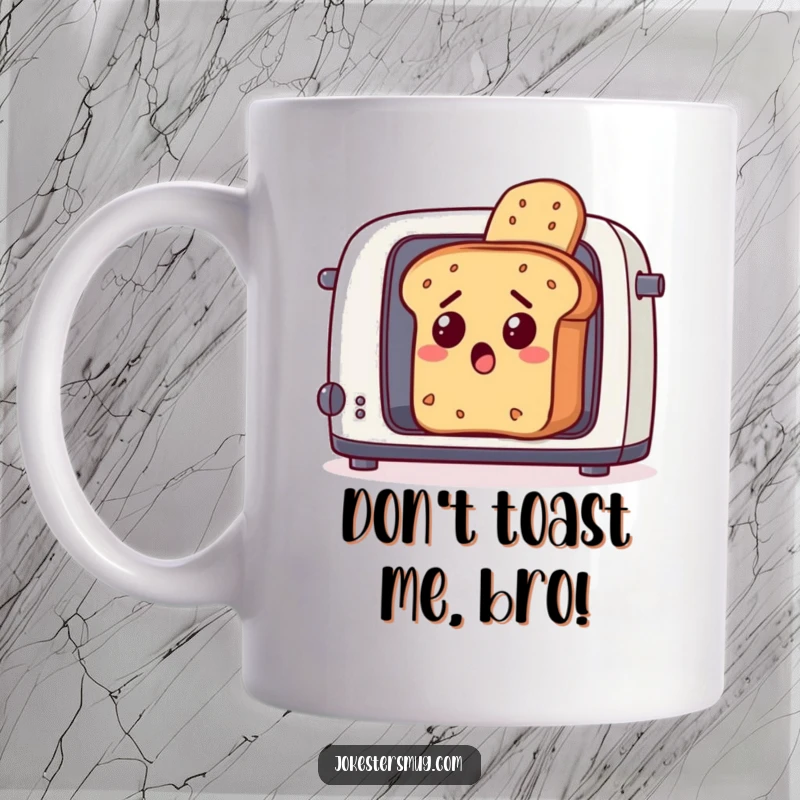 Funny surprised loaf of bread attempting to escape a hot toaster, a humorous and relatable breakfast-themed mug.