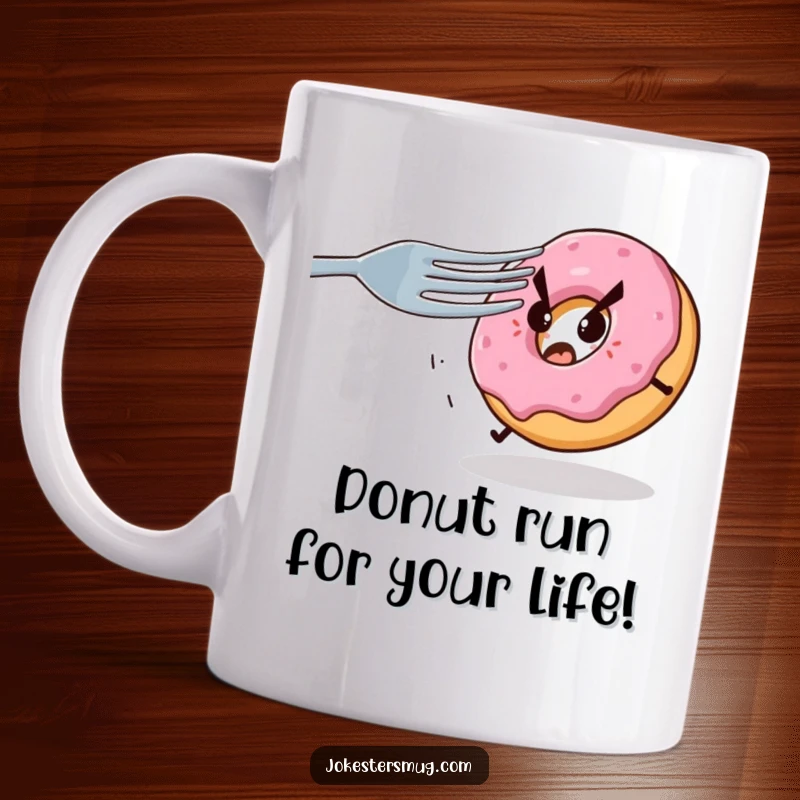 Funny donut mug showing a scared donut fleeing a monstrously large fork with evil eyes, a humorous and relatable scene.