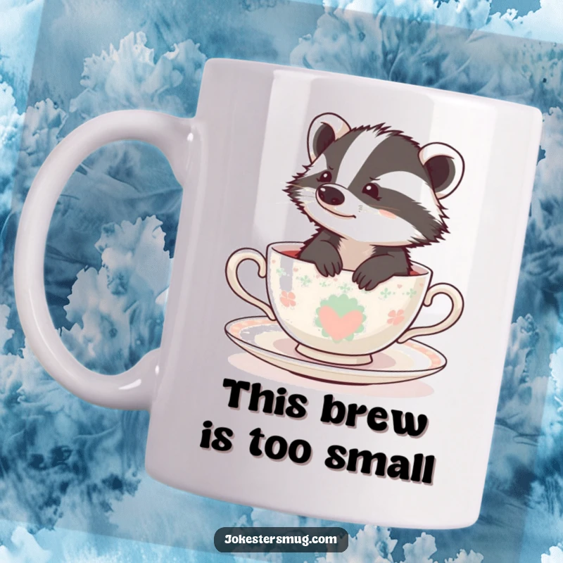 Funny badger looking bewildered while stuck inside a tiny teacup, depicted on a mug, expressing adorable surprise.