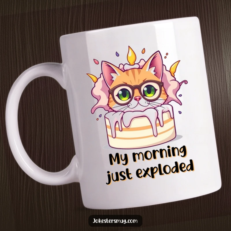 Funny bewildered cat wearing oversized spectacles peeking from behind a giant, exploding cake, showcasing feline confusion and humor on this mug.
