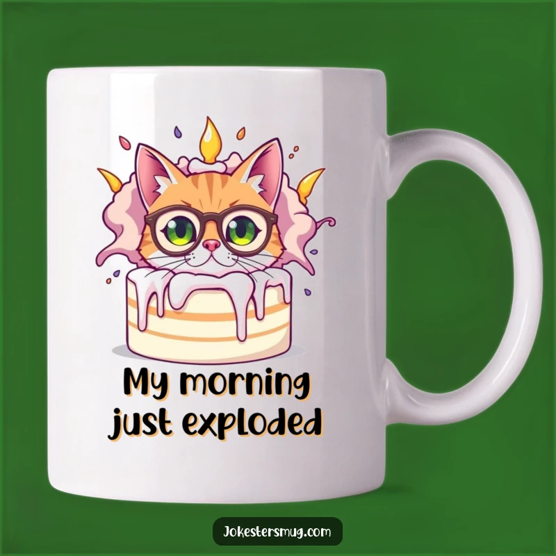 Funny Bewildered Cat Mug, Exploding Cake Chaos, Hilarious Pet Lover Gift Idea