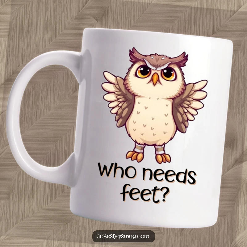 Funny owl looking confused while wearing socks on its wings, depicted on a mug, expressing comical befuddlement.