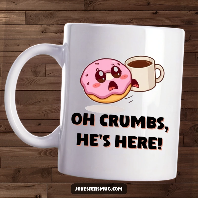 Funny startled donut with wide eyes is chased by a rogue coffee mug, creating a humorous breakfast scene.
