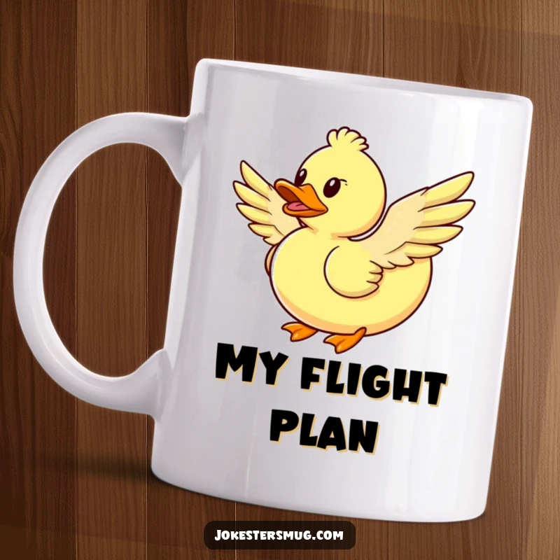 Funny rubber duck attempting to fly with poorly made feathered wings, humorous character art, a great funny gift for dreamers.