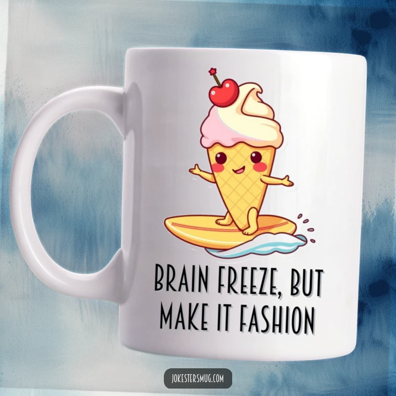 Funny ice cream cone wearing a cherry crown surfs a banana across a vibrant blue wave, embodying pure joy and summer fun.