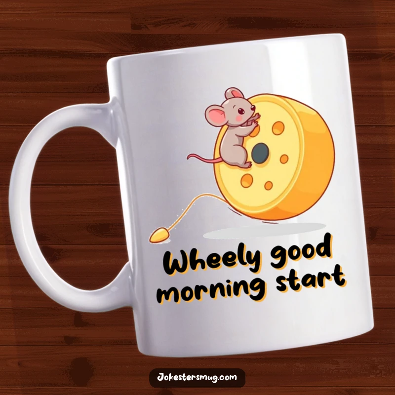 Funny Mouse Cheese Mug: A tiny mouse bravely rides a giant rolling cheese wheel downhill. Whimsical and funny gift for adventurers and cheese fans.