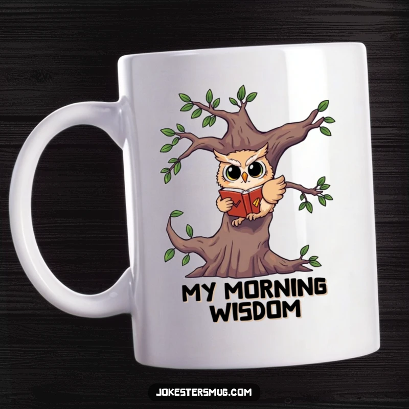 Funny mug featuring a startled owl falling from a tree, desperately clutching a book with its talons.