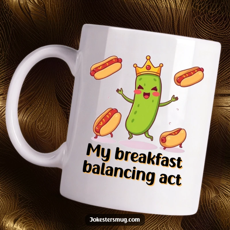 Funny pickle wearing a tiny crown enthusiastically juggling three runaway hot dogs, showcasing veggie vaudeville on this mug.