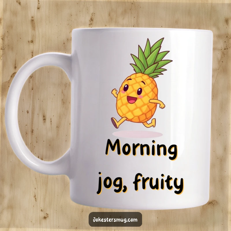 Funny coffee mug depicting a pineapple with tiny legs running a marathon, embodying humor, determination, and quirky fitness.