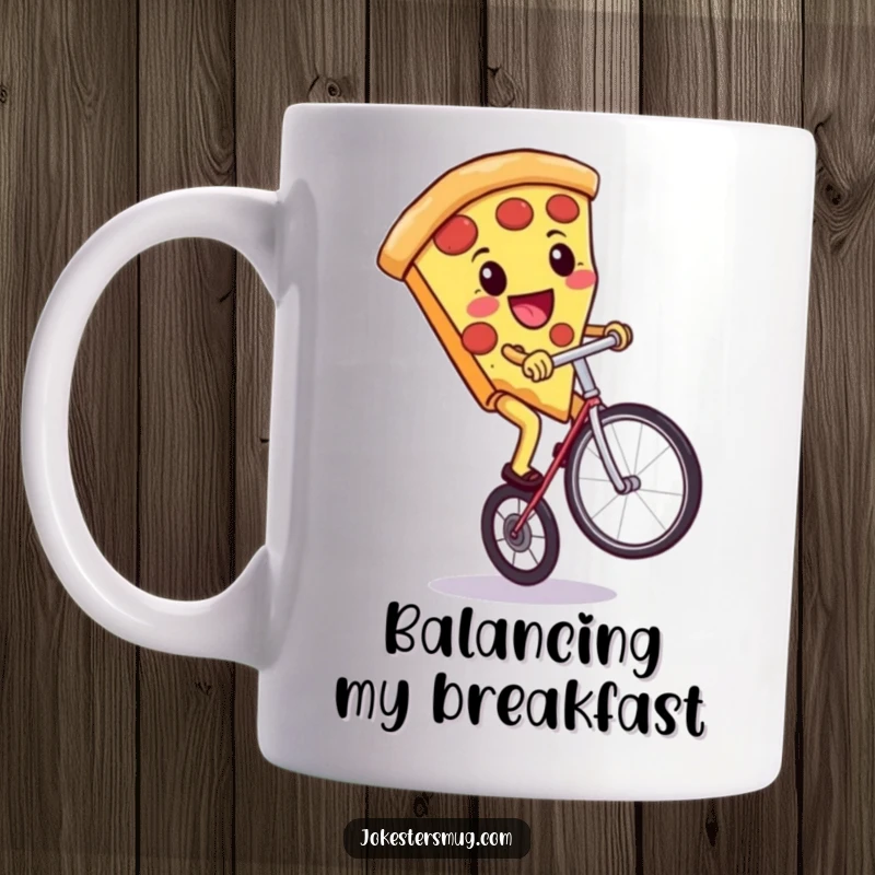 Funny smiling pizza slice precariously riding a unicycle, a humorous and cheesy gift for food lovers.
