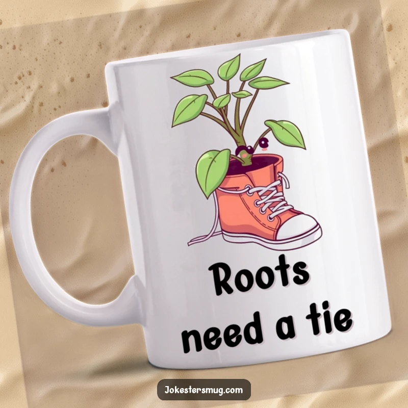 Funny Potted Plant Mug: A green plant in a pot comically attempts to tie its own shoelaces, showing a funny struggle.
