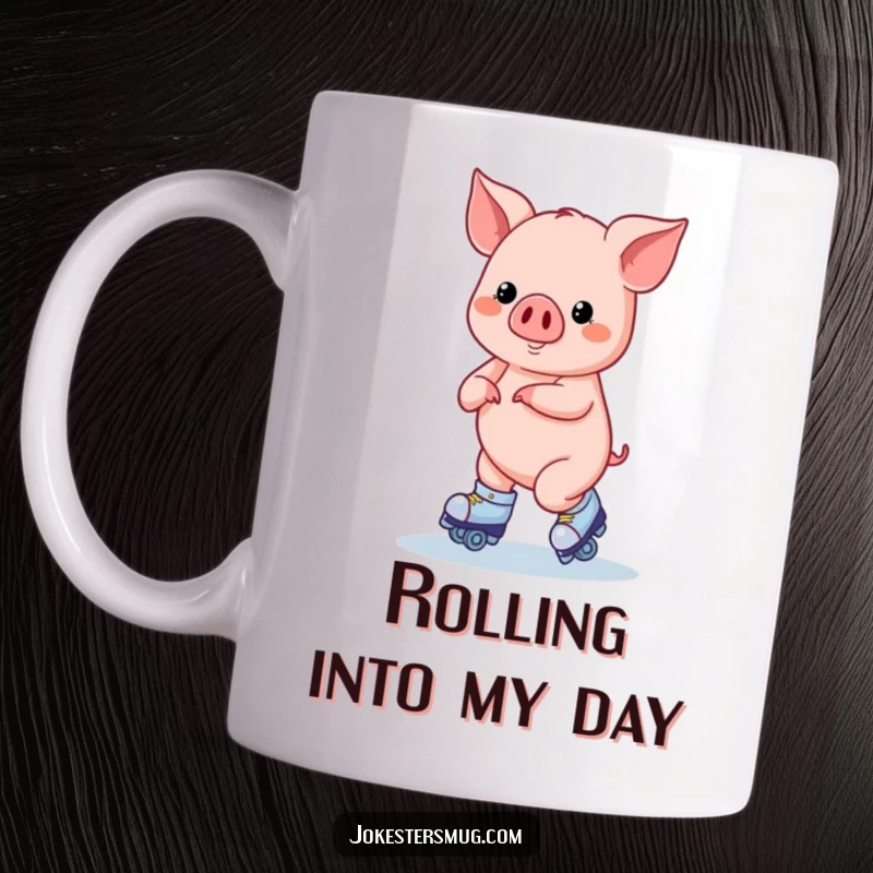 Funny Roller Skating Pig Mug: A pig on roller skates attempts a figure eight, perfect for energetic sips.