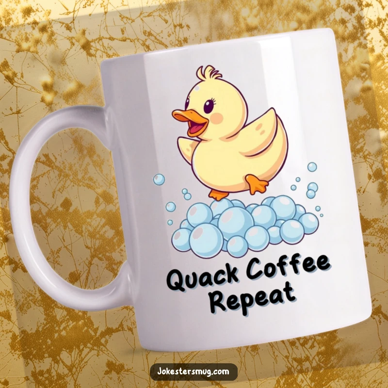 Funny mug showing a yellow rubber ducky leaping dramatically over a large pile of soap bubbles, a cheerful and energetic bath time scene.