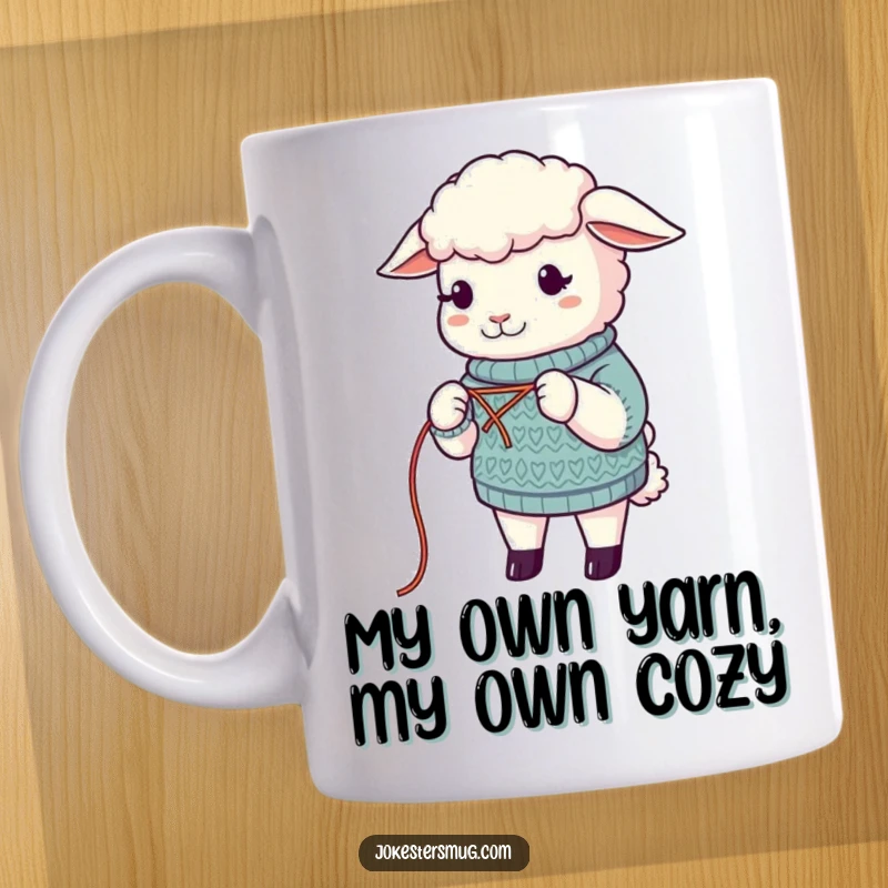 Funny Sheep Knitting Mug: A sheep humorously tries to knit a sweater from its own fluffy wool, looking slightly confused. Perfect for knitters and farm animal fans.