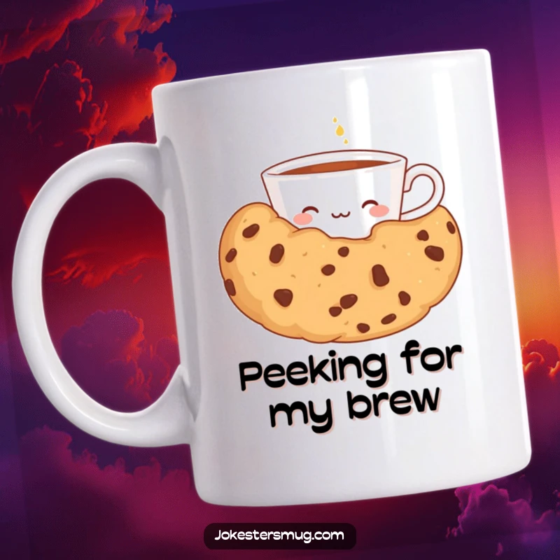 Funny coffee mug showing a shy teacup peeking from behind a giant cookie, embodying sweet moments and humorous delight.