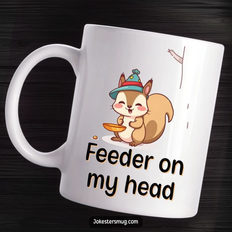 Funny Squirrel Mug: A mischievous squirrel accidentally wears a bird feeder as a hat in a comical, forest scene.
