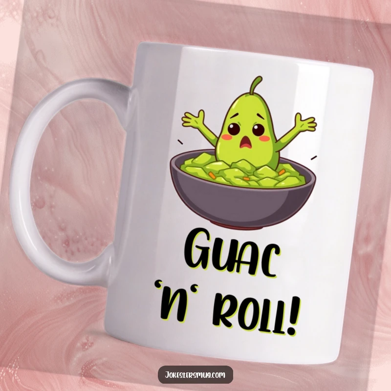 Funny startled avocado with flailing arms diving into a bowl of guacamole, on a mug, perfect funny gift.