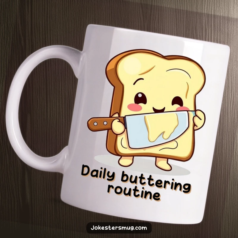 Funny mug showing a happy toast character clumsily buttering itself with a giant knife, in a humorous breakfast scene.