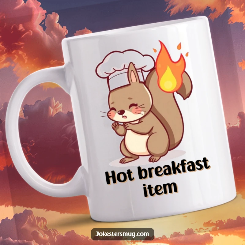 Funny mug showing a squirrel wearing a chef hat with its tail slightly on fire, a humorous cooking accident depiction.