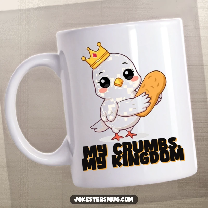 Funny pigeon wearing a tiny crown and holding a loaf of bread, looking regal and proud, coffee mug.