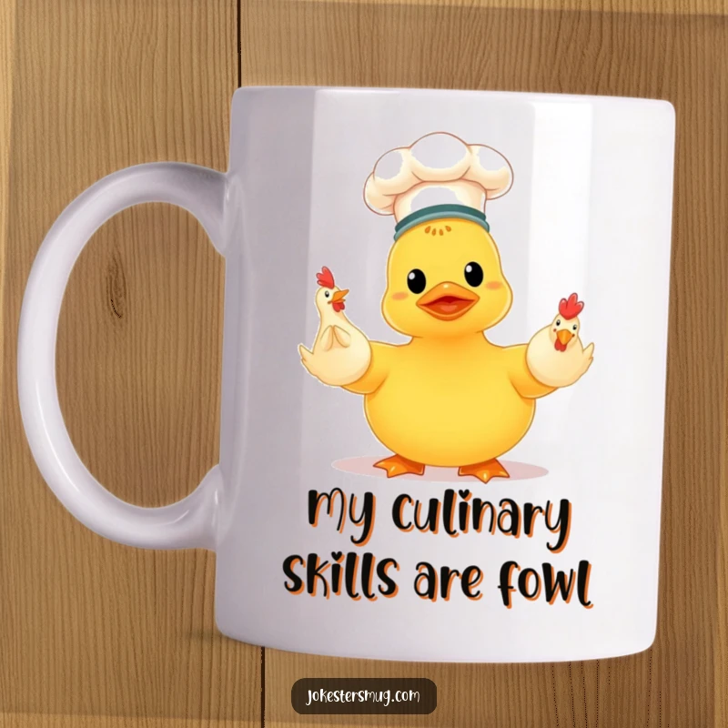 Funny chef rubber ducky wearing a tiny hat, awkwardly juggling three rubber chickens, a humorous kitchen-themed gift.