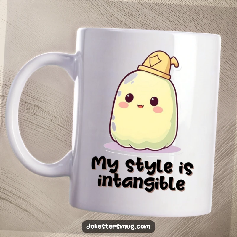 Funny mug featuring a translucent jelly blob failing to wear a hat as it phases through.