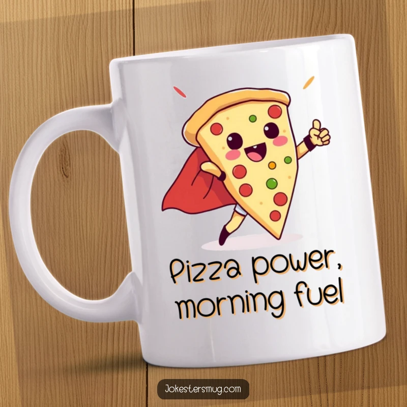 Funny pizza mug showing a slice of pizza wearing a red cape, striking a heroic pose with a triumphant expression.