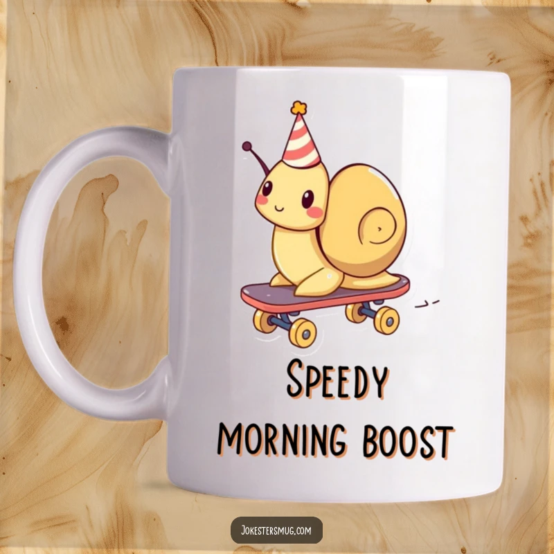 Funny mug featuring a snail wearing a tiny party hat, hilariously zooming on a skateboard with surprising speed.