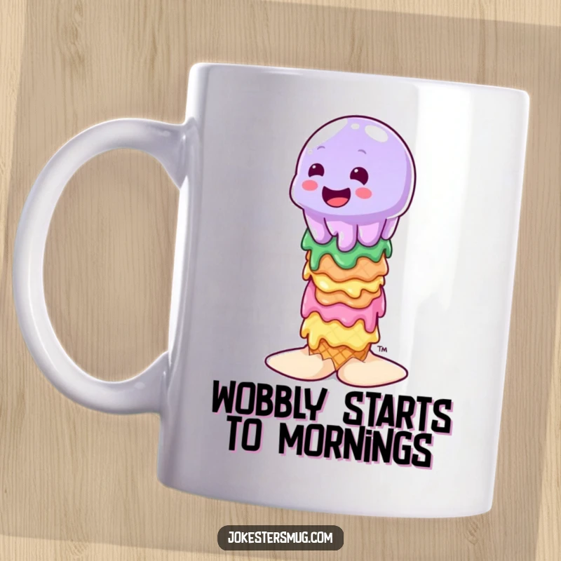 Funny wobbly jelly character attempting to balance on a stack of melting ice cream cones, cartoon style, on a mug.