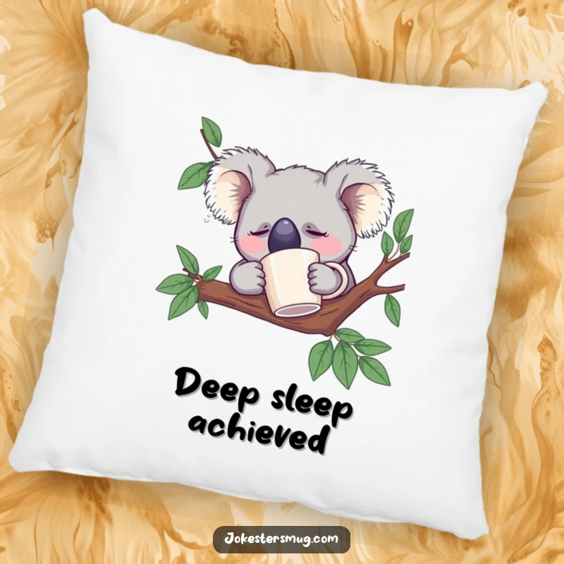 Funny Sleeping Koala Pillow: A koala naps in a branch with a mug on its nose, perfect for cozy, humorous relaxation.