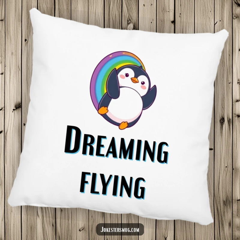 Funny pillow featuring a penguin sliding down a rainbow and landing upside down with a surprised expression, offering soft, whimsical, and humorous decor.