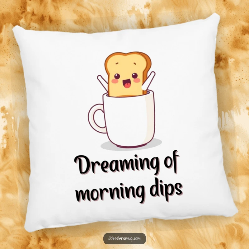 Funny decorative pillow showing a piece of toast humorously jumping from a toaster into a mug, ready for snuggles.