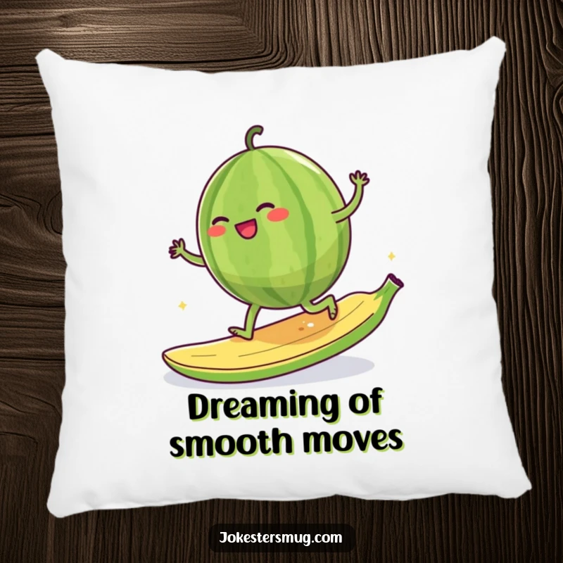 Funny giggling watermelon character attempting to moonwalk on a banana peel, soft plush pillow for comfort.