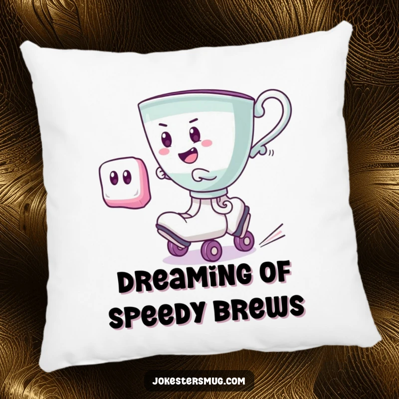 Funny teacup on roller skates, zooming past a startled sugar cube, a soft and humorous decorative pillow.